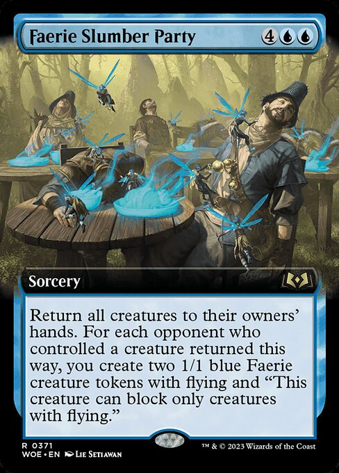 Return all creatures to their owners' hands. For each opponent who controlled a creature returned this way, you create two 1/1 blue Faerie creature tokens with flying and "This creature can block only creatures with flying."