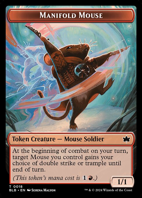 At the beginning of combat on your turn, target Mouse you control gains your choice of double strike or trample until end of turn.
(This token's mana cost is {1}{R}.)