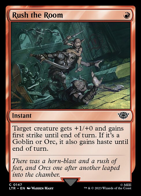 Target creature gets +1/+0 and gains first strike until end of turn. If it's a Goblin or Orc, it also gains haste until end of turn.