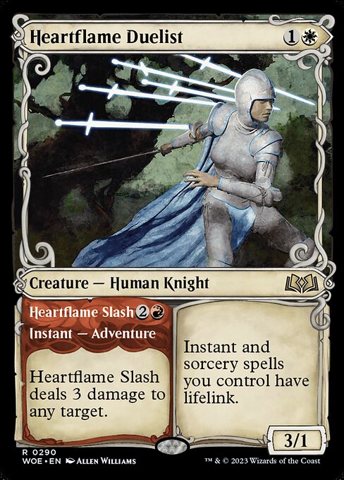 Instant and sorcery spells you control have lifelink. Heartflame Slash deals 3 damage to any target. (Then exile this card. You may cast the creature later from exile.)