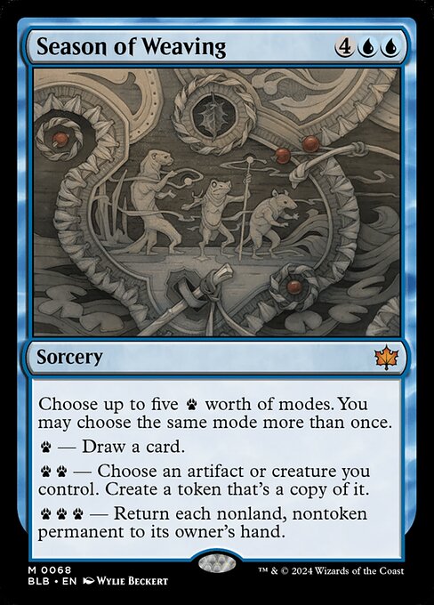 Choose up to five {P} worth of modes. You may choose the same mode more than once.
{P} — Draw a card.
{P}{P} — Choose an artifact or creature you control. Create a token that's a copy of it.
{P}{P}{P} — Return each nonland, nontoken permanent to its owner's hand.
