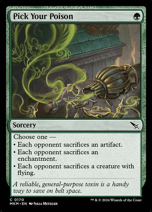 Choose one —
• Each opponent sacrifices an artifact.
• Each opponent sacrifices an enchantment.
• Each opponent sacrifices a creature with flying.