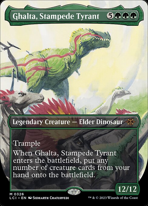 Trample
When Ghalta, Stampede Tyrant enters the battlefield, put any number of creature cards from your hand onto the battlefield.