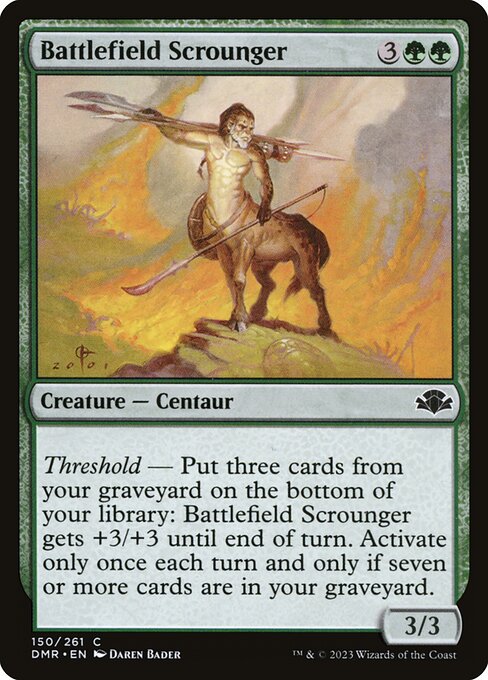 Threshold — Put three cards from your graveyard on the bottom of your library: Battlefield Scrounger gets +3/+3 until end of turn. Activate only once each turn and only if seven or more cards are in your graveyard.