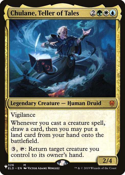 Vigilance
Whenever you cast a creature spell, draw a card, then you may put a land card from your hand onto the battlefield.
{3}, {T}: Return target creature you control to its owner's hand.