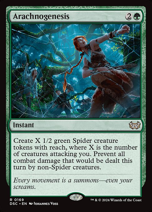 Create X 1/2 green Spider creature tokens with reach, where X is the number of creatures attacking you. Prevent all combat damage that would be dealt this turn by non-Spider creatures.