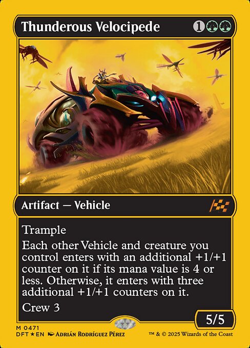 Trample
Each other Vehicle and creature you control enters with an additional +1/+1 counter on it if its mana value is 4 or less. Otherwise, it enters with three additional +1/+1 counters on it.
Crew 3
