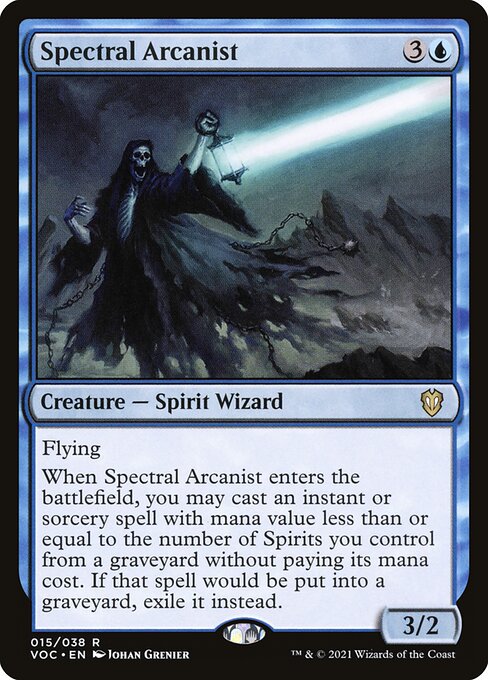 Flying
When Spectral Arcanist enters the battlefield, you may cast an instant or sorcery spell with mana value less than or equal to the number of Spirits you control from a graveyard without paying its mana cost. If that spell would be put into a graveyard, exile it instead.