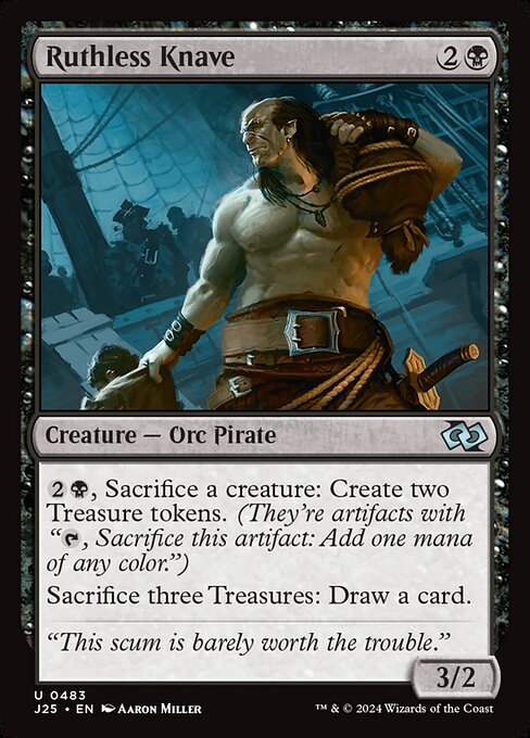 {2}{B}, Sacrifice a creature: Create two Treasure tokens. (They're artifacts with "{T}, Sacrifice this artifact: Add one mana of any color.")
Sacrifice three Treasures: Draw a card.