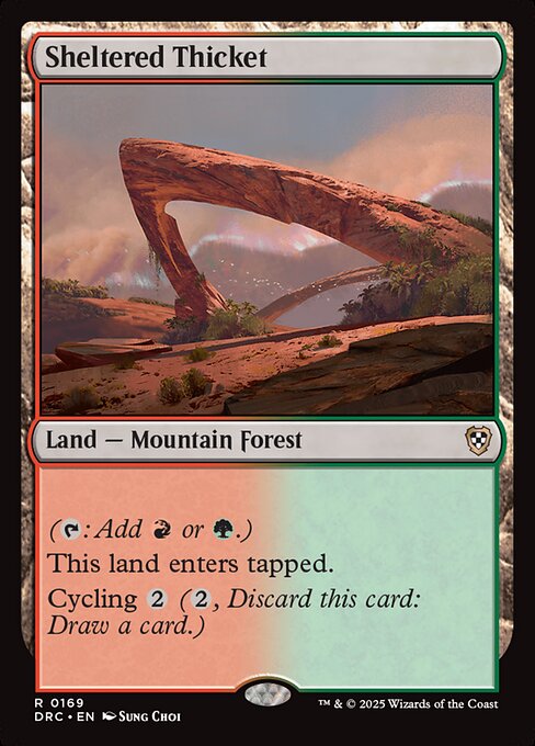 ({T}: Add {R} or {G}.)
this land enters tapped.
Cycling {2} ({2}, Discard this card: Draw a card.)