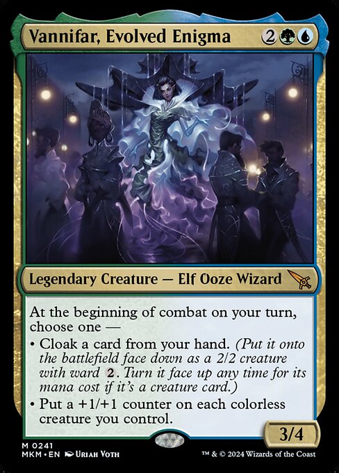 At the beginning of combat on your turn, choose one —
• Cloak a card from your hand. (Put it onto the battlefield face down as a 2/2 creature with ward {2}. Turn it face up any time for its mana cost if it's a creature card.)
• Put a +1/+1 counter on each colorless creature you control.