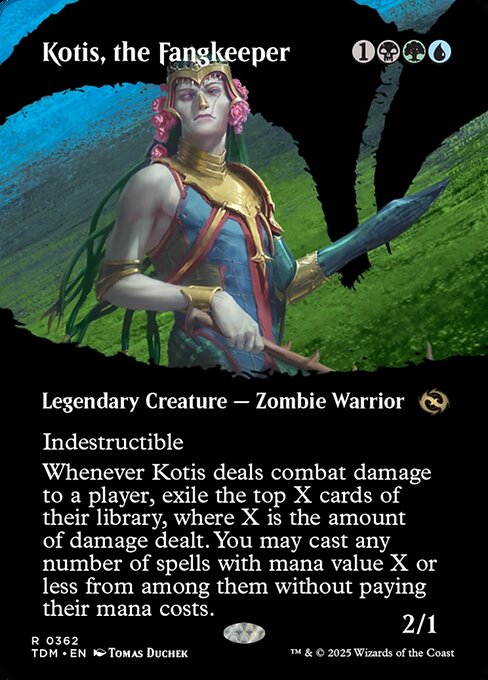 Indestructible
Whenever Kotis deals combat damage to a player, exile the top X cards of their library, where X is the amount of damage dealt. You may cast any number of spells with mana value X or less from among them without paying their mana costs.