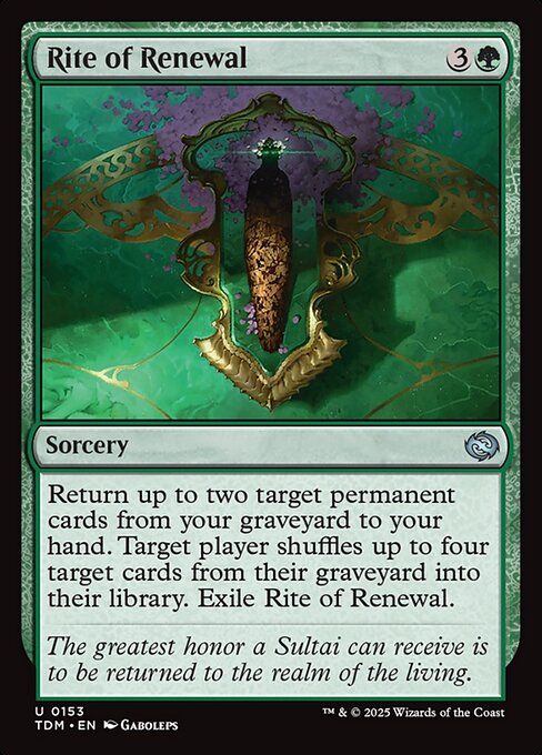 Return up to two target permanent cards from your graveyard to your hand. Target player shuffles up to four target cards from their graveyard into their library. Exile Rite of Renewal.