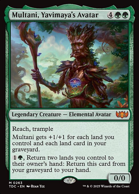 Reach, trample
Multani gets +1/+1 for each land you control and each land card in your graveyard.
{1}{G}, Return two lands you control to their owner's hand: Return Multani from your graveyard to your hand.