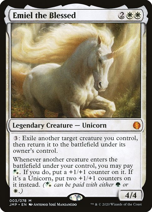 {3}: Exile another target creature you control, then return it to the battlefield under its owner's control.
Whenever another creature enters the battlefield under your control, you may pay {G/W}. If you do, put a +1/+1 counter on it. If it's a Unicorn, put two +1/+1 counters on it instead. ({G/W} can be paid with either {G} or {W}.)