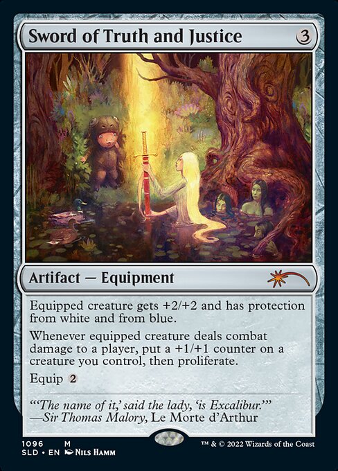 Equipped creature gets +2/+2 and has protection from white and from blue.
Whenever equipped creature deals combat damage to a player, put a +1/+1 counter on a creature you control, then proliferate. (Choose any number of permanents and/or players, then give each another counter of each kind already there.)
Equip {2}