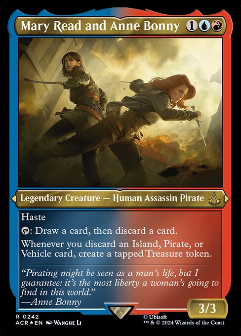 Haste
{T}: Draw a card, then discard a card.
Whenever you discard an Island, Pirate, or Vehicle card, create a tapped Treasure token.