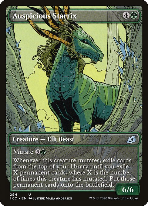 Mutate {5}{G} (If you cast this spell for its mutate cost, put it over or under target non-Human creature you own. They mutate into the creature on top plus all abilities from under it.)
Whenever this creature mutates, exile cards from the top of your library until you exile X permanent cards, where X is the number of times this creature has mutated. Put those permanent cards onto the battlefield.