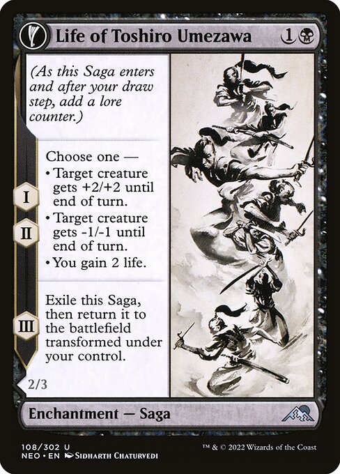 (As this Saga enters and after your draw step, add a lore counter.)
I, II — Choose one —
• Target creature gets +2/+2 until end of turn.
• Target creature gets -1/-1 until end of turn.
• You gain 2 life.
III — Exile this Saga, then return it to the battlefield transformed under your control. {T}, Pay 1 life: Add {B}. Spend this mana only to cast an instant or sorcery spell.