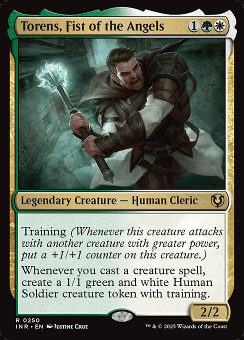 Training (Whenever this creature attacks with another creature with greater power, put a +1/+1 counter on this creature.)
Whenever you cast a creature spell, create a 1/1 green and white Human Soldier creature token with training.