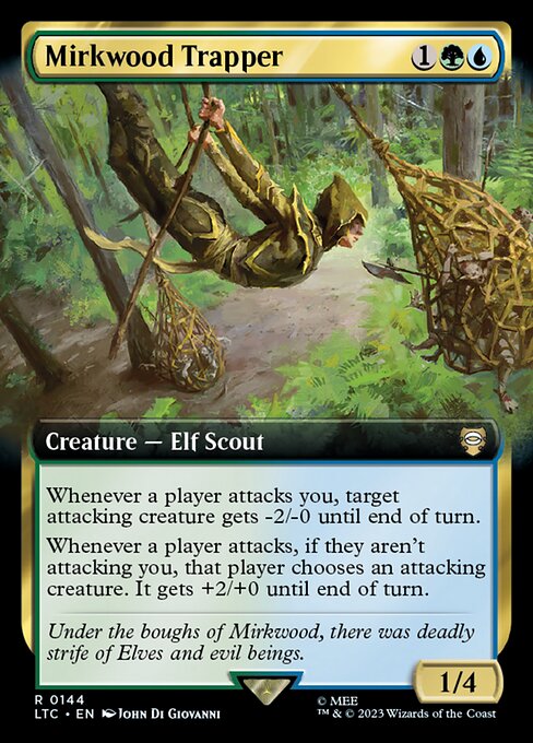 Whenever a player attacks you, target attacking creature gets -2/-0 until end of turn.
Whenever a player attacks, if they aren't attacking you, that player chooses an attacking creature. It gets +2/+0 until end of turn.