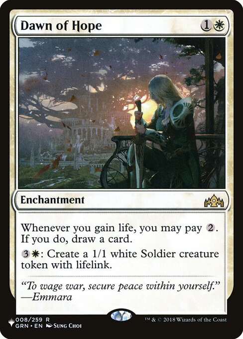 Whenever you gain life, you may pay {2}. If you do, draw a card.
{3}{W}: Create a 1/1 white Soldier creature token with lifelink.