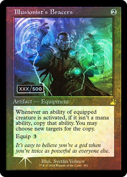 Whenever an ability of equipped creature is activated, if it isn't a mana ability, copy that ability. You may choose new targets for the copy.
Equip {3}
