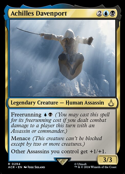 Freerunning {U}{B} (You may cast this spell for its freerunning cost if you dealt combat damage to a player this turn with an Assassin or commander.)
Menace (This creature can't be blocked except by two or more creatures.)
Other Assassins you control get +1/+1.