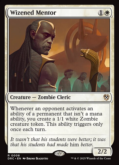 Whenever an opponent activates an ability of a permanent that isn't a mana ability, you create a 1/1 white Zombie creature token. This ability triggers only once each turn.
