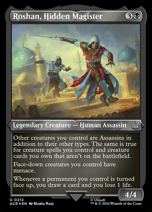 Other creatures you control are Assassins in addition to their other types. The same is true for creature spells you control and creature cards you own that aren't on the battlefield.
Face-down creatures you control have menace.
Whenever a permanent you control is turned face up, you draw a card and you lose 1 life.
