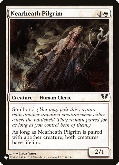 Soulbond (You may pair this creature with another unpaired creature when either enters. They remain paired for as long as you control both of them.)
As long as Nearheath Pilgrim is paired with another creature, both creatures have lifelink.