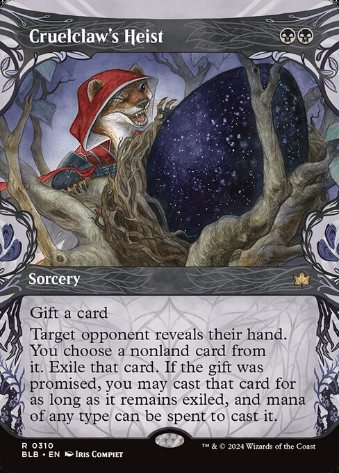 Gift a card (You may promise an opponent a gift as you cast this spell. If you do, they draw a card before its other effects.)
Target opponent reveals their hand. You choose a nonland card from it. Exile that card. If the gift was promised, you may cast that card for as long as it remains exiled, and mana of any type can be spent to cast it.