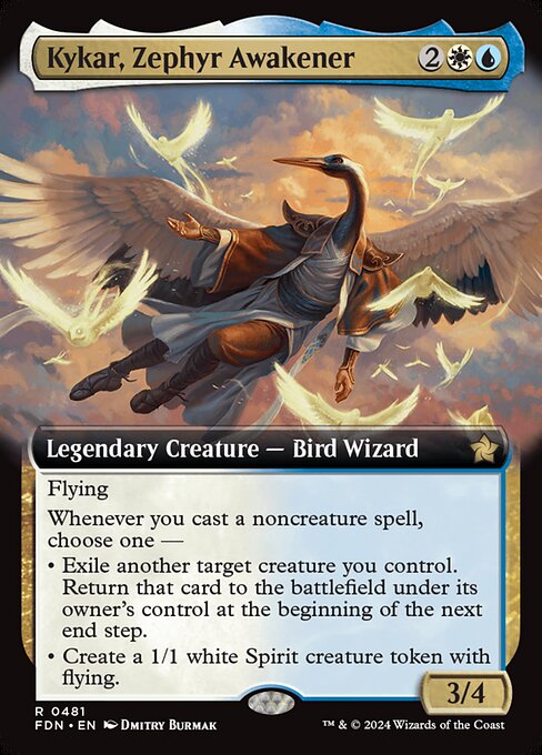 Flying
Whenever you cast a noncreature spell, choose one —
• Exile another target creature you control. Return that card to the battlefield under its owner's control at the beginning of the next end step.
• Create a 1/1 white Spirit creature token with flying.