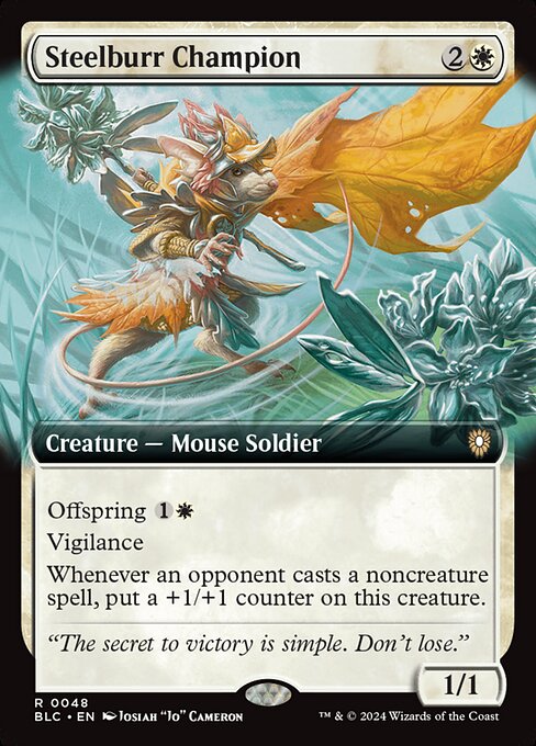 Offspring {1}{W} (You may pay an additional {1}{W} as you cast this spell. If you do, when this creature enters, create a 1/1 token copy of it.)
Vigilance
Whenever an opponent casts a noncreature spell, put a +1/+1 counter on this creature.