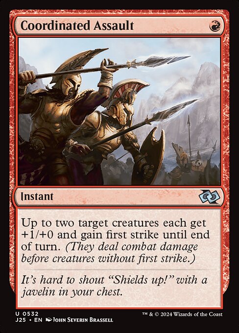 Up to two target creatures each get +1/+0 and gain first strike until end of turn. (They deal combat damage before creatures without first strike.)