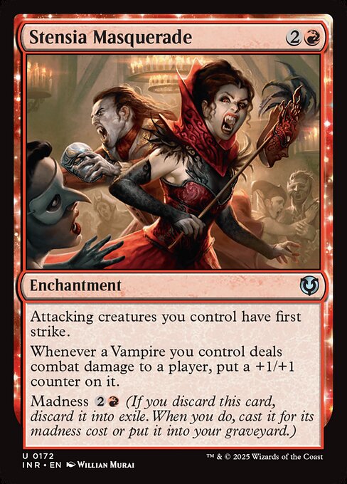Attacking creatures you control have first strike.
Whenever a Vampire you control deals combat damage to a player, put a +1/+1 counter on it.
Madness {2}{R} (If you discard this card, discard it into exile. When you do, cast it for its madness cost or put it into your graveyard.)