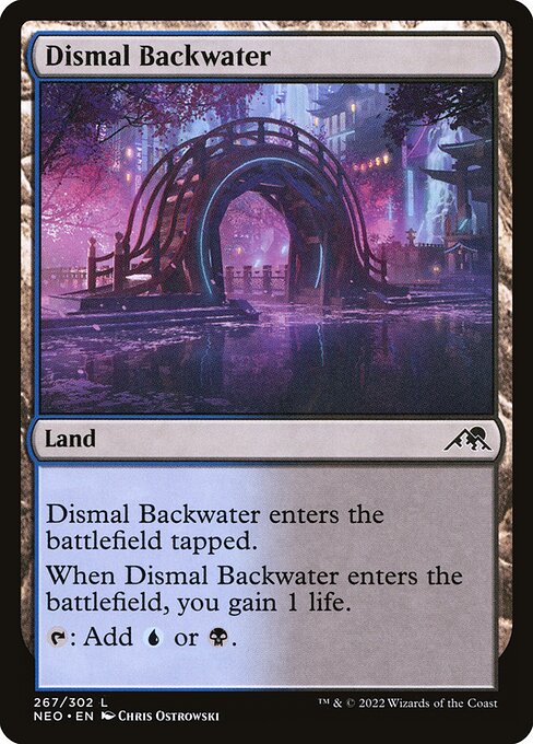 Dismal Backwater enters the battlefield tapped.
When Dismal Backwater enters the battlefield, you gain 1 life.
{T}: Add {U} or {B}.