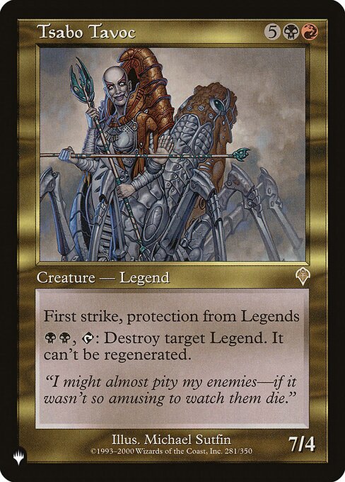 First strike, protection from legendary creatures
{B}{B}, {T}: Destroy target legendary creature. It can't be regenerated.