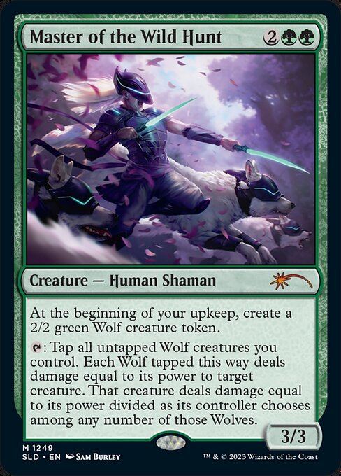 At the beginning of your upkeep, create a 2/2 green Wolf creature token.
{T}: Tap all untapped Wolf creatures you control. Each Wolf tapped this way deals damage equal to its power to target creature. That creature deals damage equal to its power divided as its controller chooses among any number of those Wolves.
