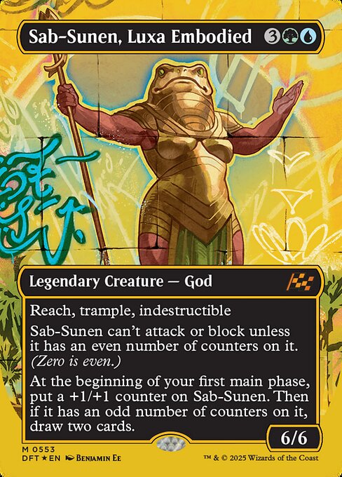 Reach, trample, indestructible
Sab-Sunen can't attack or block unless it has an even number of counters on it. (Zero is even.)
At the beginning of your first main phase, put a +1/+1 counter on Sab-Sunen. Then if it has an odd number of counters on it, draw two cards.