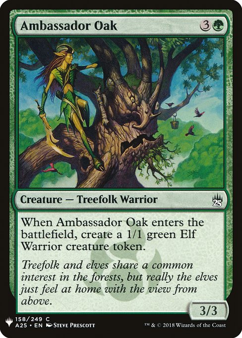 When Ambassador Oak enters, create a 1/1 green Elf Warrior creature token.