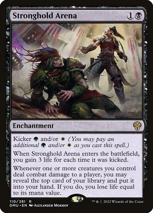 Kicker {G} and/or {W} (You may pay an additional {G} and/or {W} as you cast this spell.)
When Stronghold Arena enters the battlefield, you gain 3 life for each time it was kicked.
Whenever one or more creatures you control deal combat damage to a player, you may reveal the top card of your library and put it into your hand. If you do, you lose life equal to its mana value.