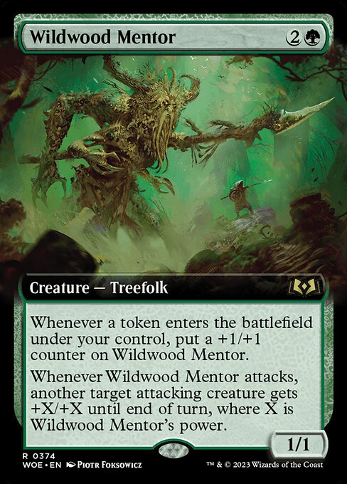 Whenever a token enters the battlefield under your control, put a +1/+1 counter on Wildwood Mentor.
Whenever Wildwood Mentor attacks, another target attacking creature gets +X/+X until end of turn, where X is Wildwood Mentor's power.
