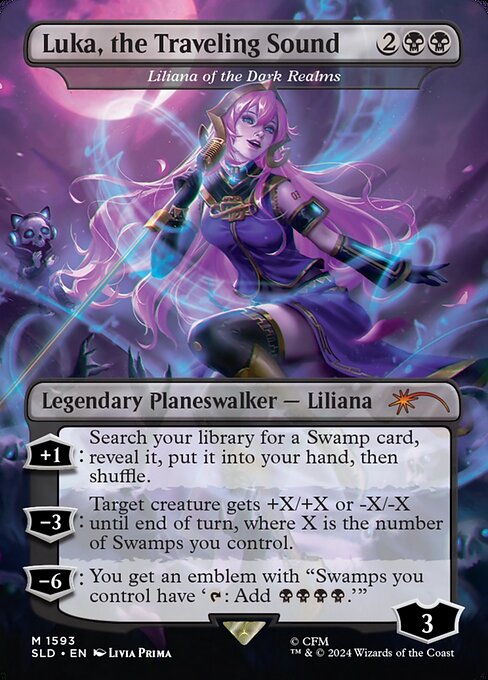 +1: Search your library for a Swamp card, reveal it, put it into your hand, then shuffle.
−3: Target creature gets +X/+X or -X/-X until end of turn, where X is the number of Swamps you control.
−6: You get an emblem with "Swamps you control have '{T}: Add {B}{B}{B}{B}.'"