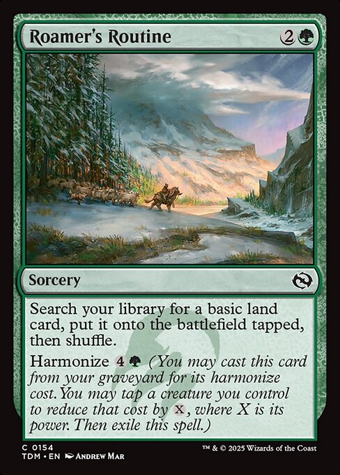 Search your library for a basic land card, put it onto the battlefield tapped, then shuffle.
Harmonize {4}{G} (You may cast this card from your graveyard for its harmonize cost. You may tap a creature you control to reduce that cost by {X}, where X is its power. Then exile this spell.)