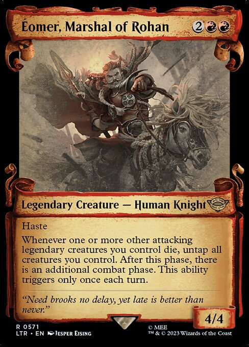 Haste
Whenever one or more other attacking legendary creatures you control die, untap all creatures you control. After this phase, there is an additional combat phase. This ability triggers only once each turn.