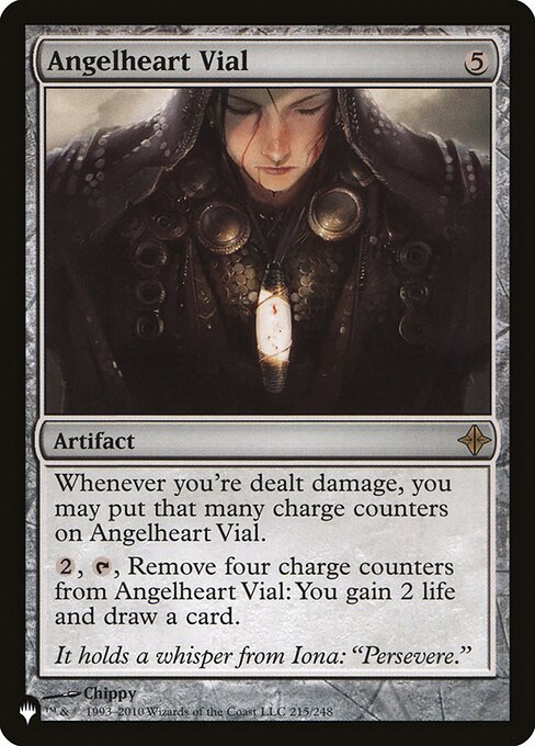 Whenever you're dealt damage, you may put that many charge counters on Angelheart Vial.
{2}, {T}, Remove four charge counters from Angelheart Vial: You gain 2 life and draw a card.