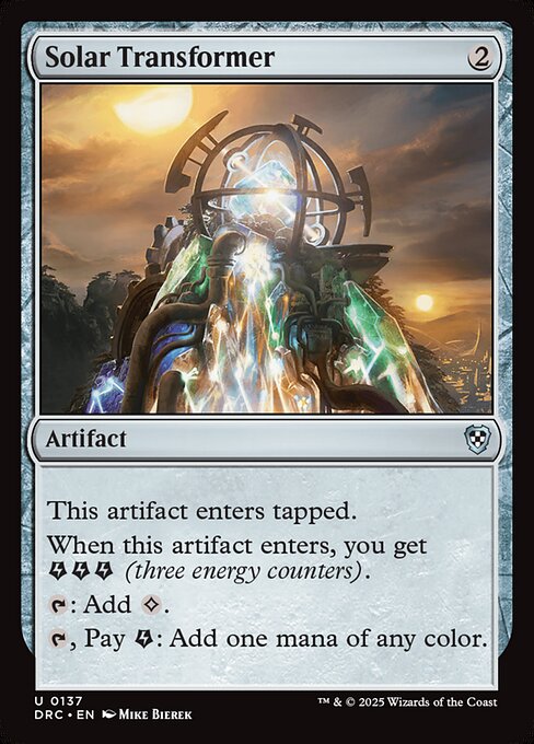 This artifact enters tapped.
When this artifact enters, you get {E}{E}{E} (three energy counters).
{T}: Add {C}.
{T}, Pay {E}: Add one mana of any color.