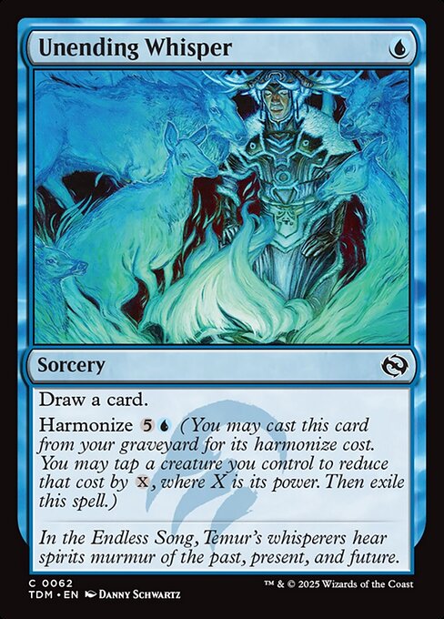 Draw a card.
Harmonize {5}{U} (You may cast this card from your graveyard for its harmonize cost. You may tap a creature you control to reduce that cost by {X}, where X is its power. Then exile this spell.)