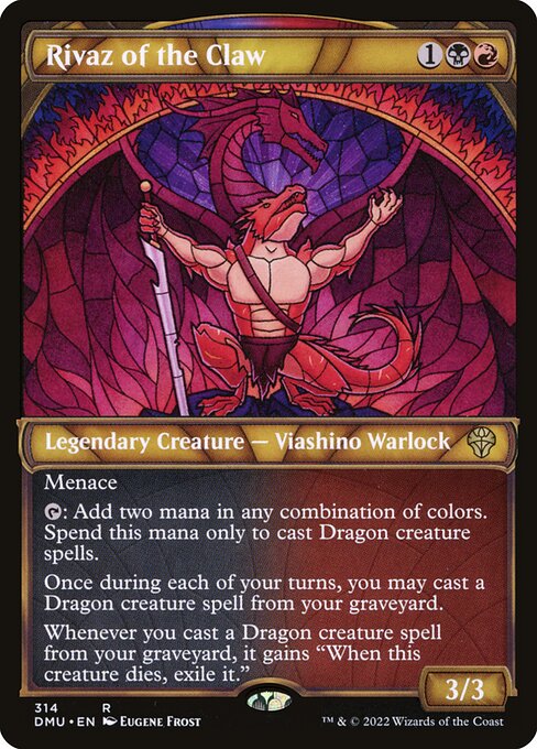Menace
{T}: Add two mana in any combination of colors. Spend this mana only to cast Dragon creature spells.
Once during each of your turns, you may cast a Dragon creature spell from your graveyard.
Whenever you cast a Dragon creature spell from your graveyard, it gains "When this creature dies, exile it."